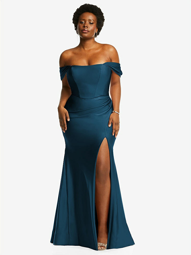 【STYLE: CS101】Off-the-Shoulder Corset Stretch Satin Mermaid Dress with Slight Train【COLOR: Atlantic Blue】