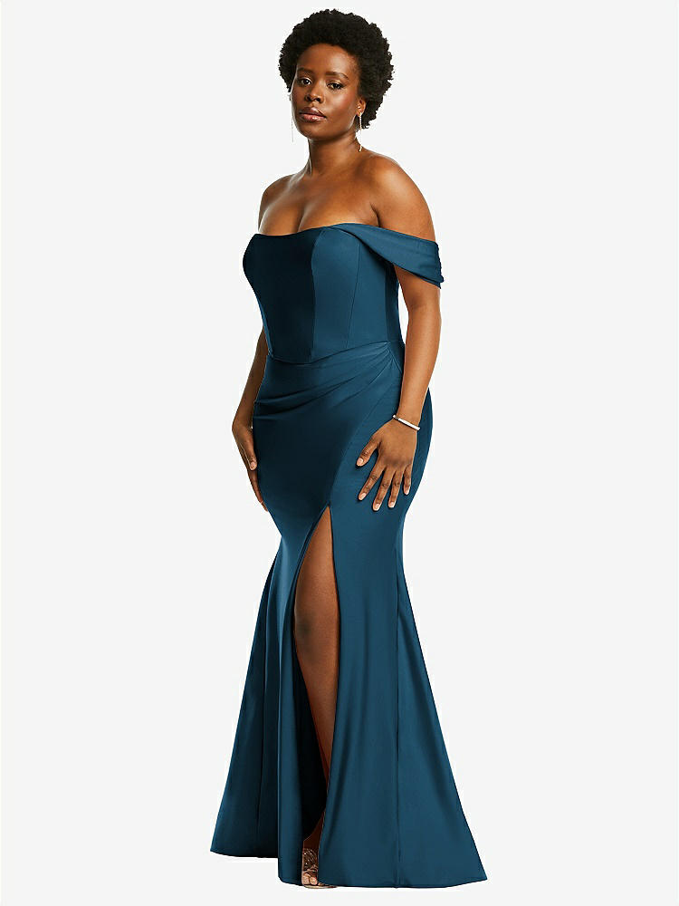 【STYLE: CS101】Off-the-Shoulder Corset Stretch Satin Mermaid Dress with Slight Train【COLOR: Atlantic Blue】