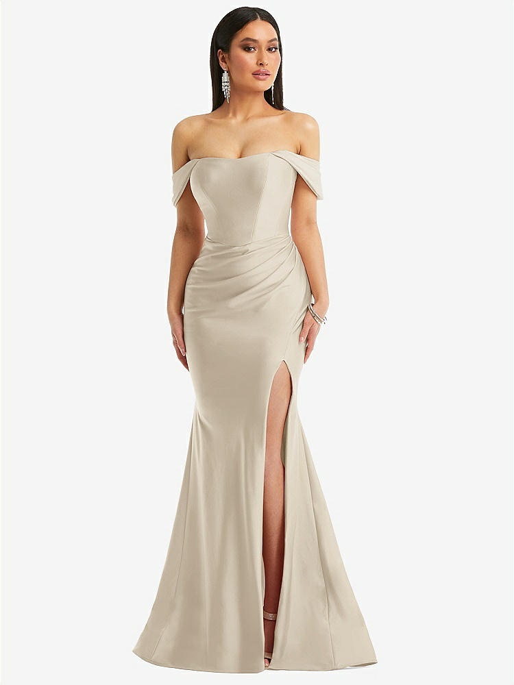 【STYLE: CS101】Off-the-Shoulder Corset Stretch Satin Mermaid Dress with Slight Train【COLOR: Champagne】