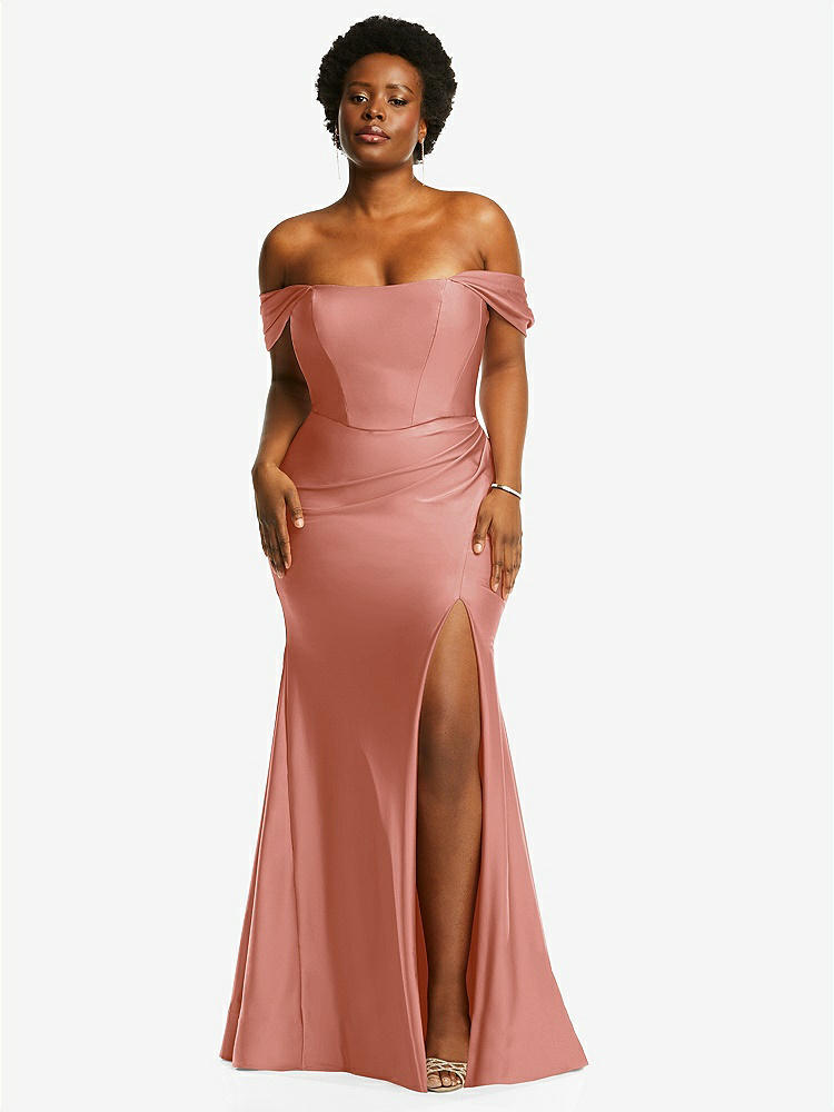 【STYLE: CS101】Off-the-Shoulder Corset Stretch Satin Mermaid Dress with Slight Train【COLOR: Desert Rose】