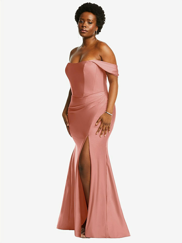 【STYLE: CS101】Off-the-Shoulder Corset Stretch Satin Mermaid Dress with Slight Train【COLOR: Desert Rose】