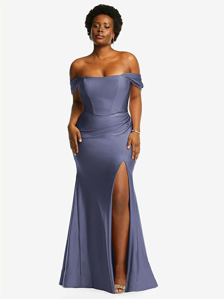 【STYLE: CS101】Off-the-Shoulder Corset Stretch Satin Mermaid Dress with Slight Train【COLOR: French Blue】