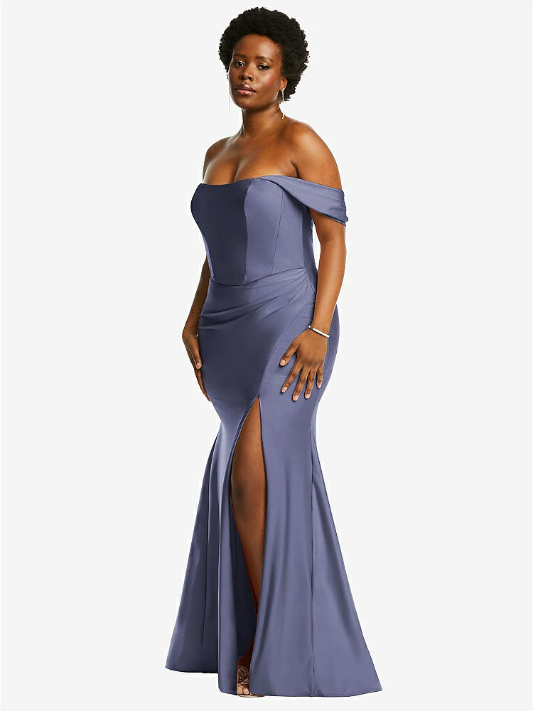 【STYLE: CS101】Off-the-Shoulder Corset Stretch Satin Mermaid Dress with Slight Train【COLOR: French Blue】