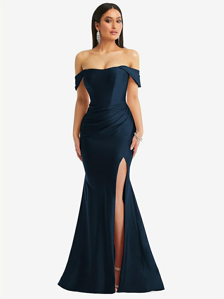 【STYLE: CS101】Off-the-Shoulder Corset Stretch Satin Mermaid Dress with Slight Train【COLOR: Midnight Navy】