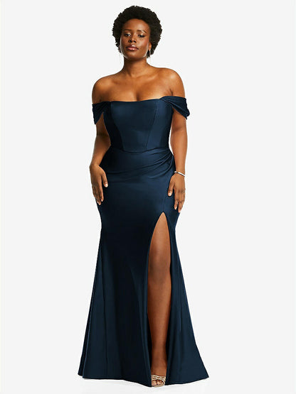 【STYLE: CS101】Off-the-Shoulder Corset Stretch Satin Mermaid Dress with Slight Train【COLOR: Midnight Navy】