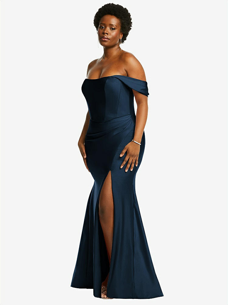 【STYLE: CS101】Off-the-Shoulder Corset Stretch Satin Mermaid Dress with Slight Train【COLOR: Midnight Navy】