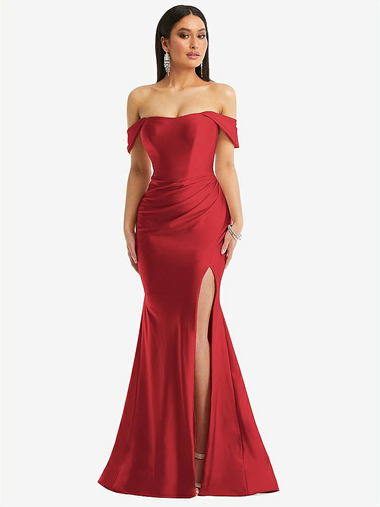 【STYLE: CS101】Off-the-Shoulder Corset Stretch Satin Mermaid Dress with Slight Train【COLOR: Poppy Red】