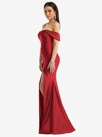 【STYLE: CS101】Off-the-Shoulder Corset Stretch Satin Mermaid Dress with Slight Train【COLOR: Poppy Red】