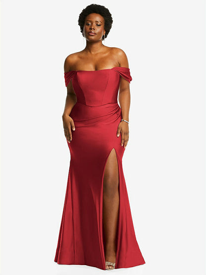 【STYLE: CS101】Off-the-Shoulder Corset Stretch Satin Mermaid Dress with Slight Train【COLOR: Poppy Red】