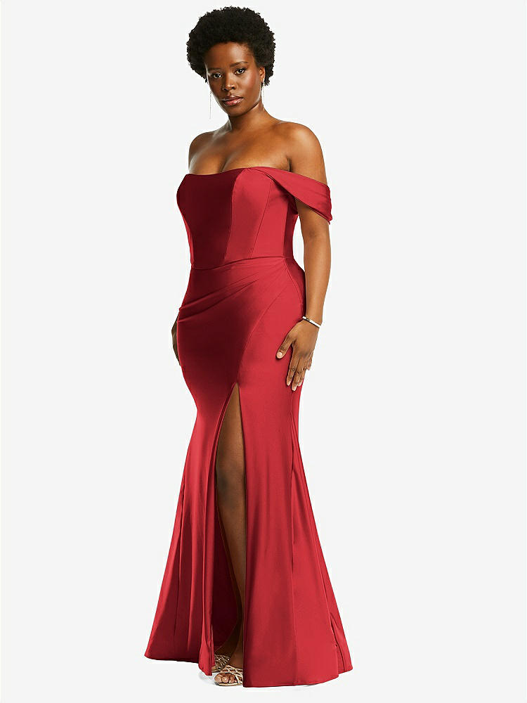 【STYLE: CS101】Off-the-Shoulder Corset Stretch Satin Mermaid Dress with Slight Train【COLOR: Poppy Red】