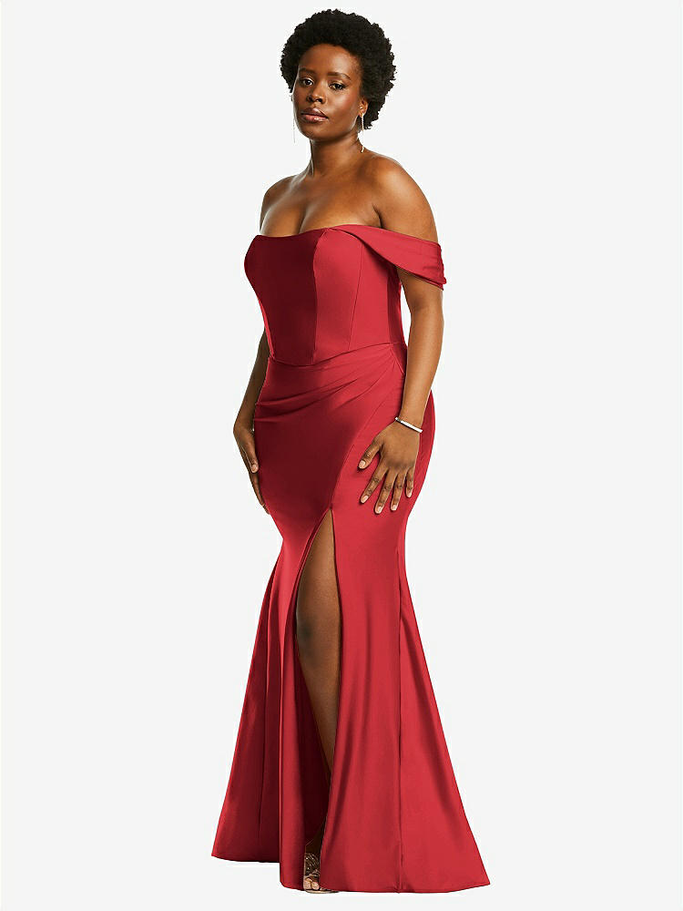 【STYLE: CS101】Off-the-Shoulder Corset Stretch Satin Mermaid Dress with Slight Train【COLOR: Poppy Red】