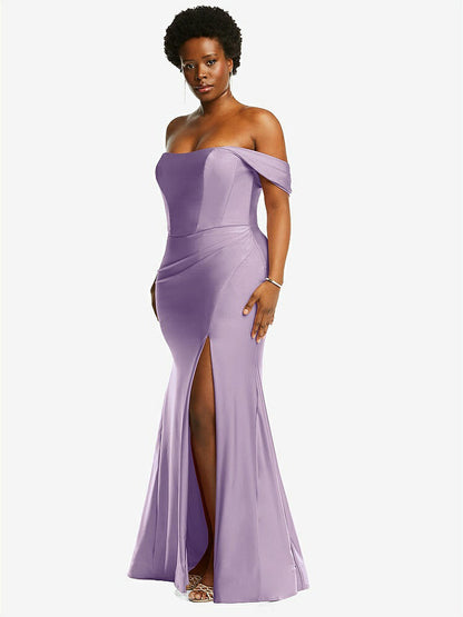 【STYLE: CS101】Off-the-Shoulder Corset Stretch Satin Mermaid Dress with Slight Train【COLOR: Pale Purple】