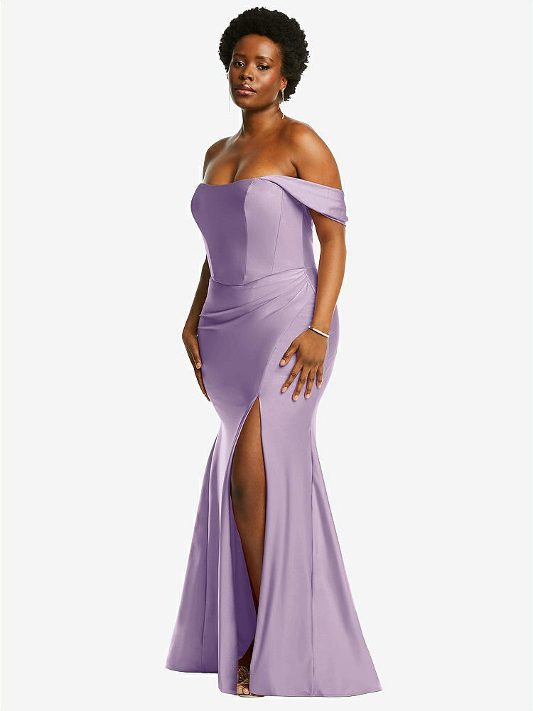 【STYLE: CS101】Off-the-Shoulder Corset Stretch Satin Mermaid Dress with Slight Train【COLOR: Pale Purple】