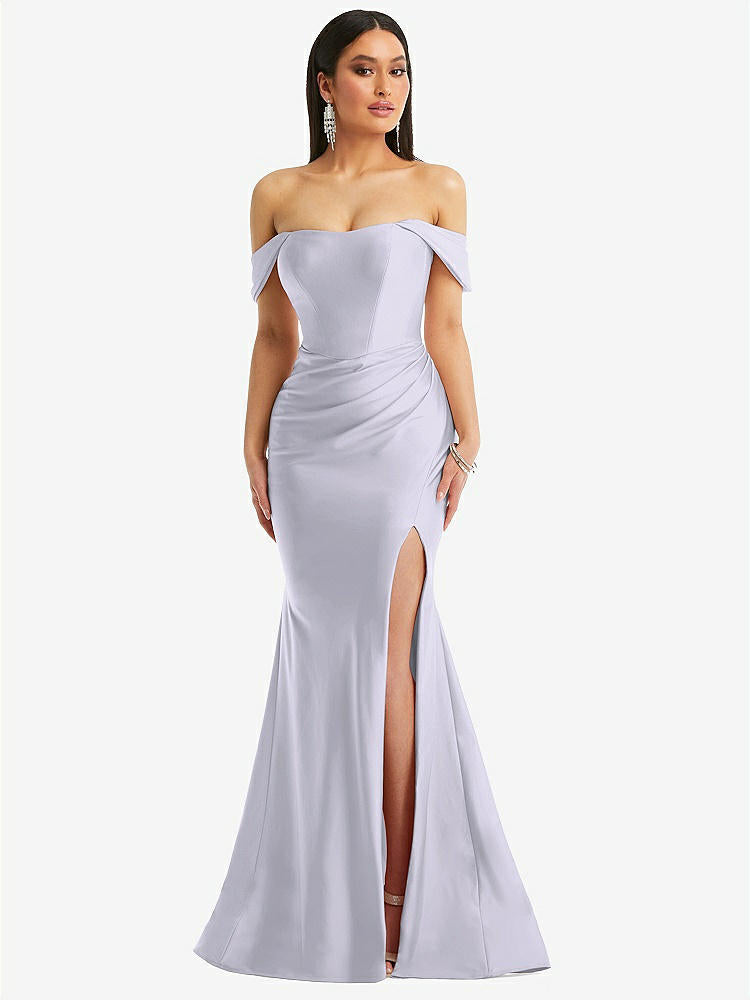 【STYLE: CS101】Off-the-Shoulder Corset Stretch Satin Mermaid Dress with Slight Train【COLOR: Silver Dove】