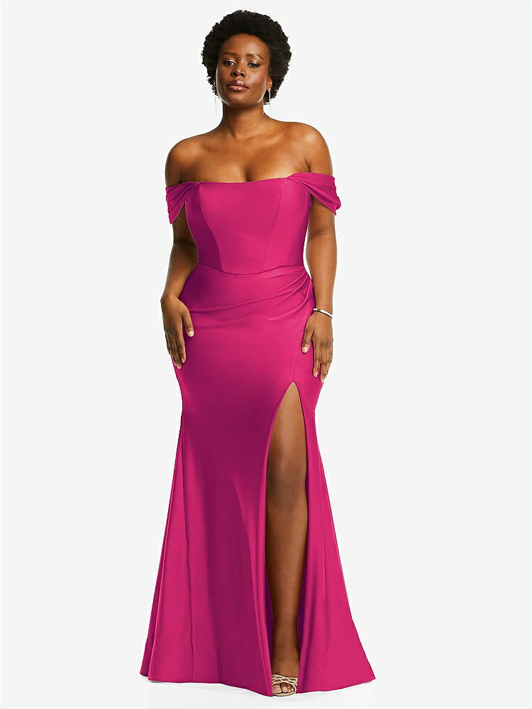 【STYLE: CS101】Off-the-Shoulder Corset Stretch Satin Mermaid Dress with Slight Train【COLOR: Think Pink】