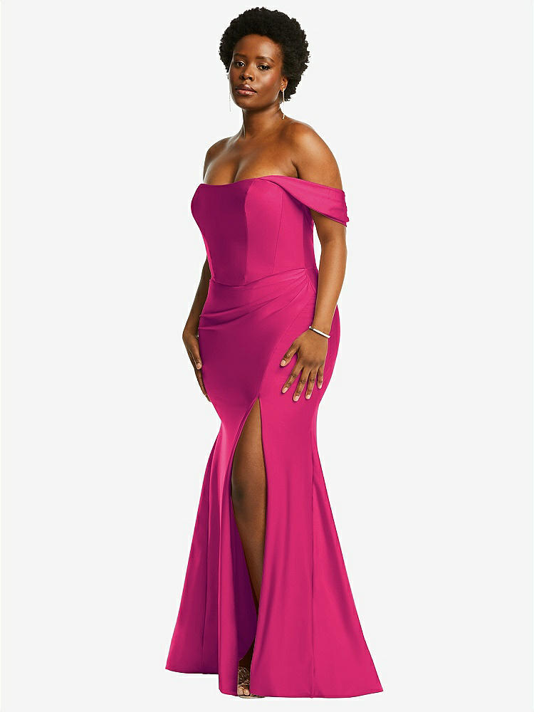 【STYLE: CS101】Off-the-Shoulder Corset Stretch Satin Mermaid Dress with Slight Train【COLOR: Think Pink】