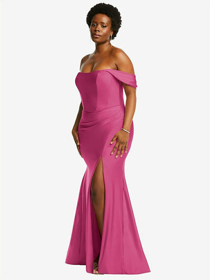 【STYLE: CS101】Off-the-Shoulder Corset Stretch Satin Mermaid Dress with Slight Train【COLOR: Tea Rose】