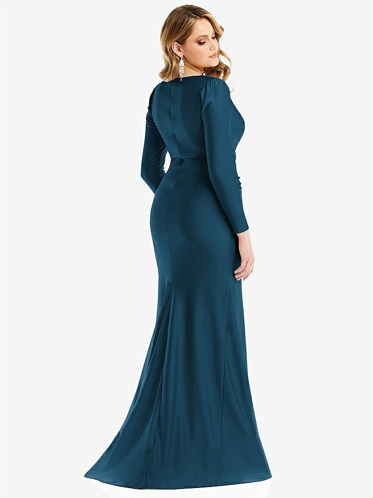 【STYLE: CS102】Long Sleeve Draped Wrap Stretch Satin Mermaid Dress with Slight Train【COLOR: Atlantic Blue】