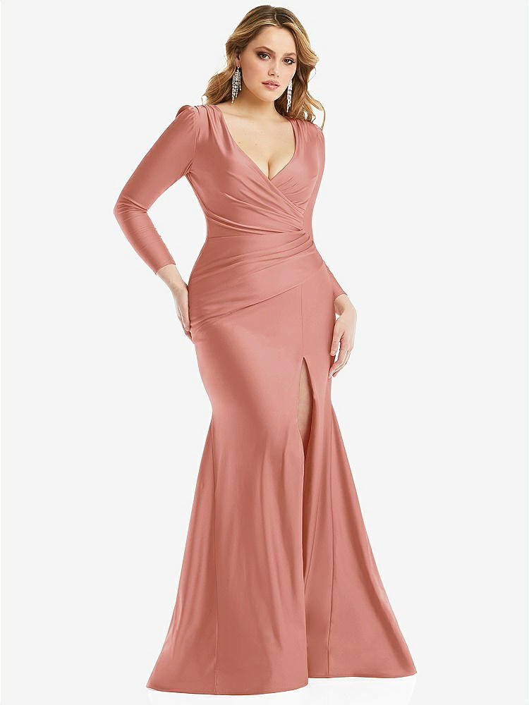 【STYLE: CS102】Long Sleeve Draped Wrap Stretch Satin Mermaid Dress with Slight Train【COLOR: Desert Rose】