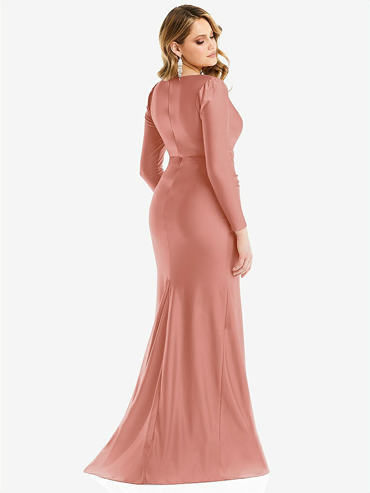 【STYLE: CS102】Long Sleeve Draped Wrap Stretch Satin Mermaid Dress with Slight Train【COLOR: Desert Rose】