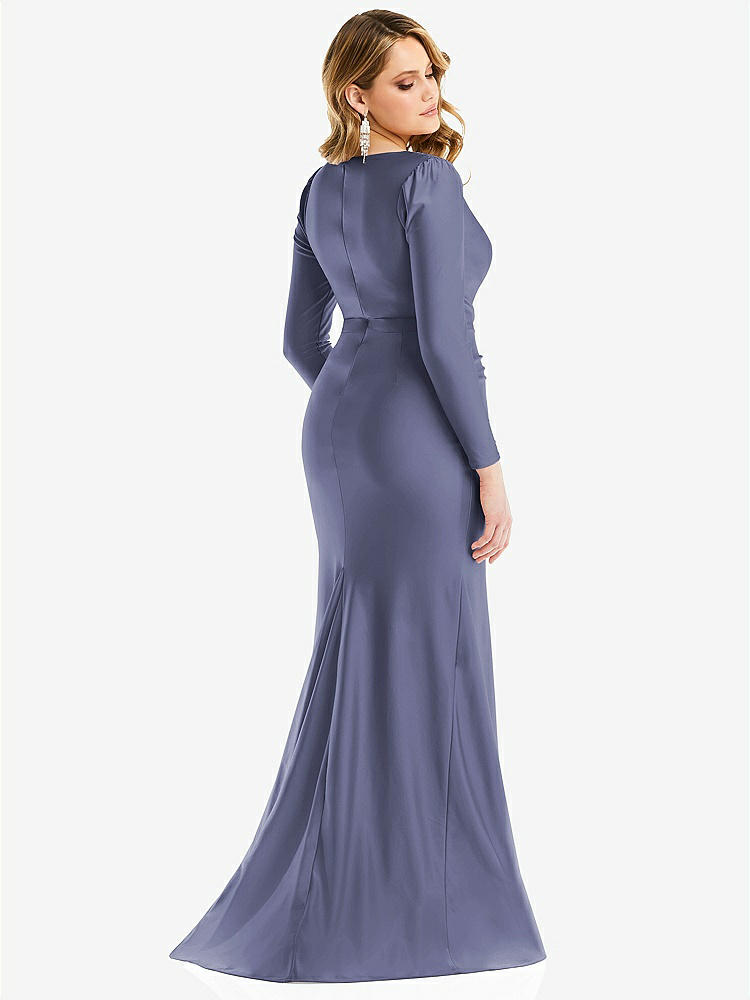 【NEW】【STYLE: CS102】長い 袖 ドレープ ラップ ストレッチ サテン 人魚 ドレス わずかな 電車【COLOR: French Blue】【SIZE: 00-30W】