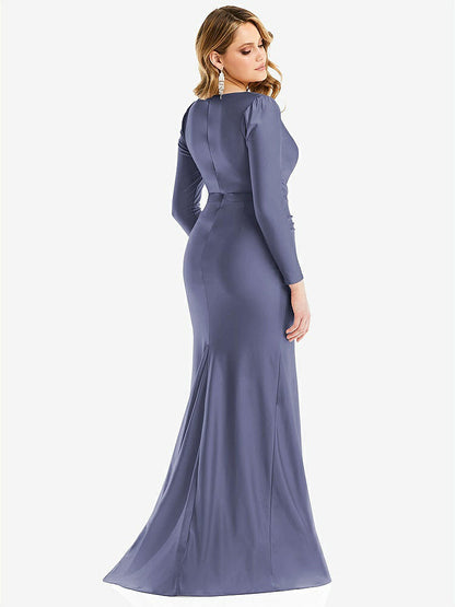 【NEW】【STYLE: CS102】長い 袖 ドレープ ラップ ストレッチ サテン 人魚 ドレス わずかな 電車【COLOR: French Blue】【SIZE: 00-30W】
