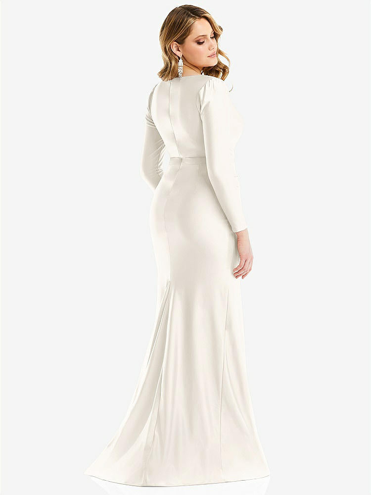【NEW】【STYLE: CS102】長い 袖 ドレープ ラップ ストレッチ サテン 人魚 ドレス わずかな 電車【COLOR: Ivory】【SIZE: 00-30W】