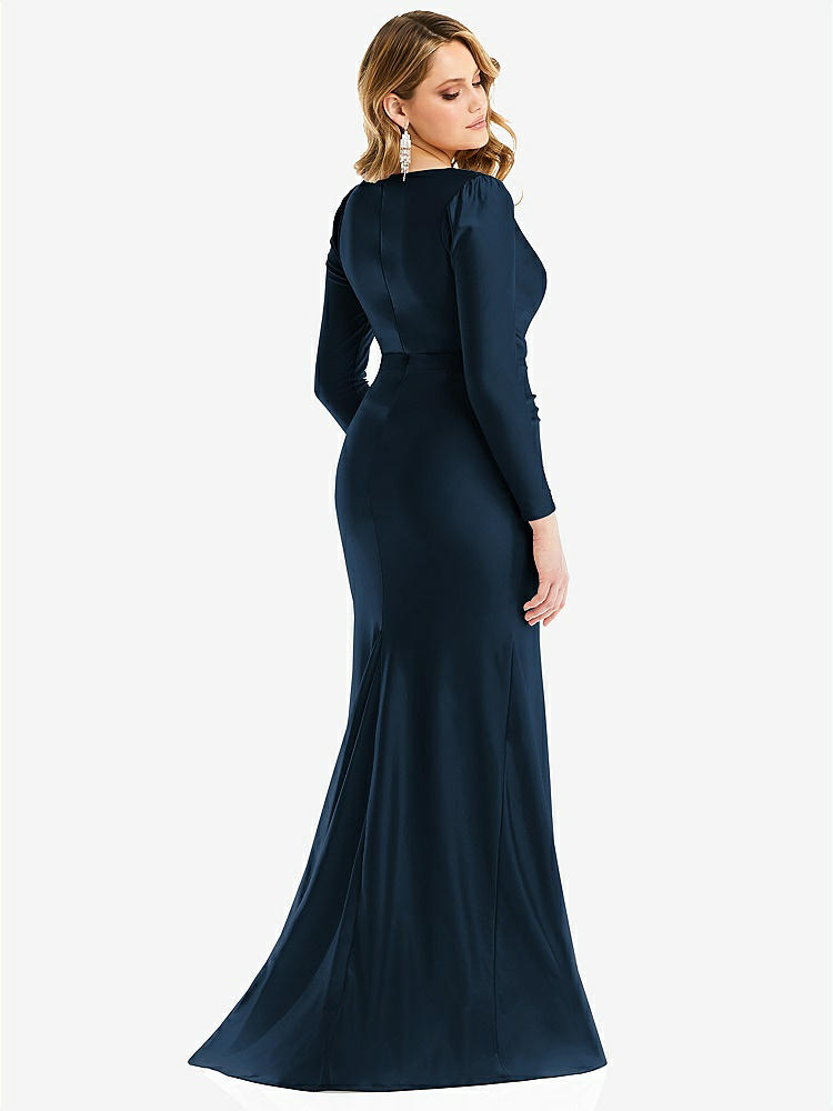 【STYLE: CS102】Long Sleeve Draped Wrap Stretch Satin Mermaid Dress with Slight Train【COLOR: Midnight Navy】