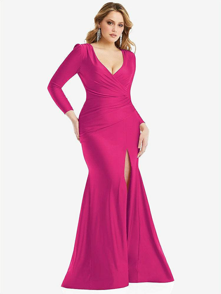 【STYLE: CS102】Long Sleeve Draped Wrap Stretch Satin Mermaid Dress with Slight Train【COLOR: Think Pink】