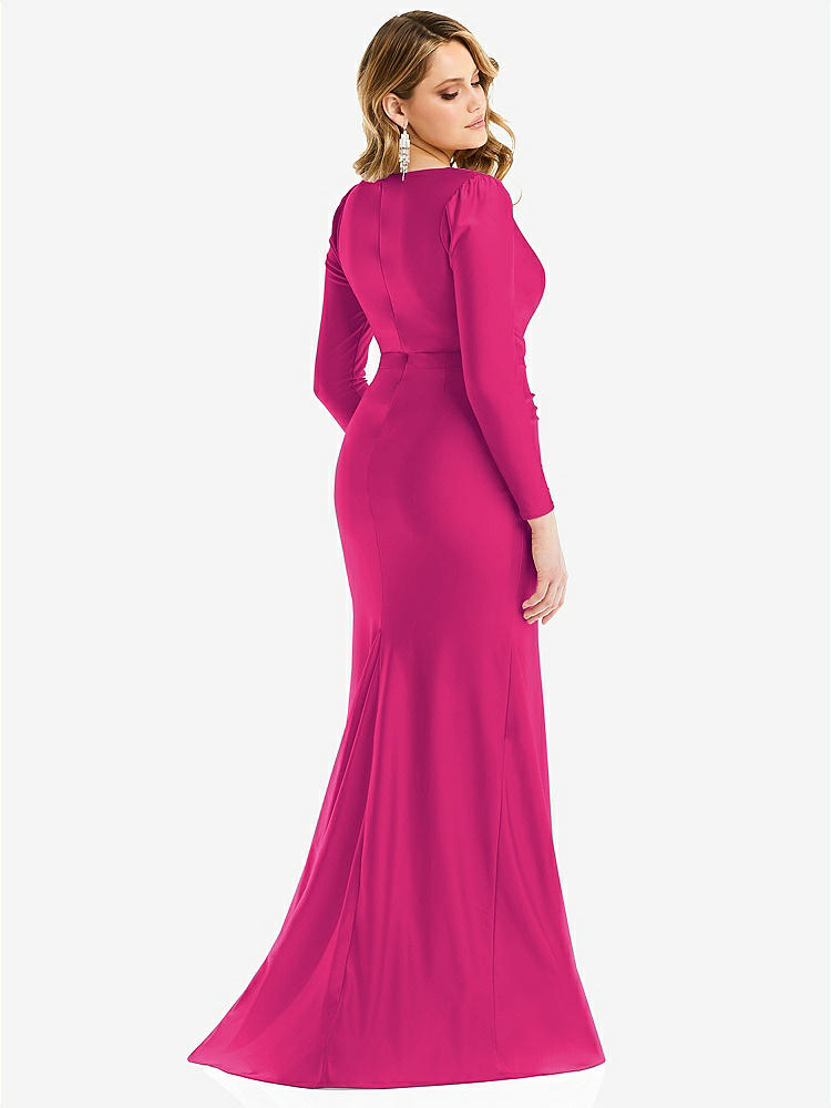 【STYLE: CS102】Long Sleeve Draped Wrap Stretch Satin Mermaid Dress with Slight Train【COLOR: Think Pink】