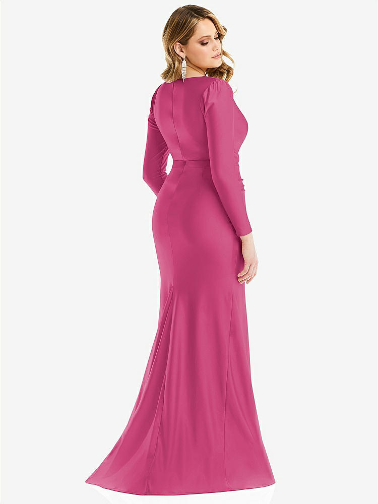 【STYLE: CS102】Long Sleeve Draped Wrap Stretch Satin Mermaid Dress with Slight Train【COLOR: Tea Rose】