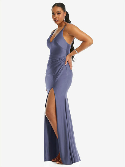 【STYLE: CS103】Deep V-Neck Stretch Satin Mermaid Dress with Slight Train【COLOR: French Blue】
