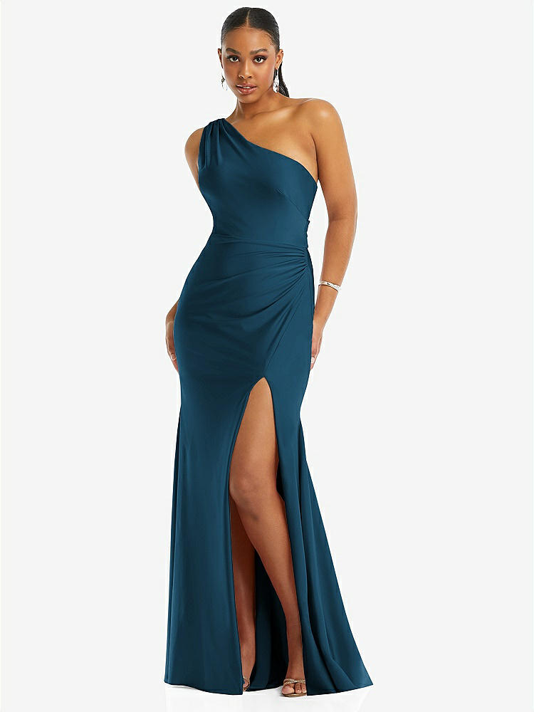 【STYLE: CS104】One-Shoulder Asymmetrical Cowl Back Stretch Satin Mermaid Dress【COLOR: Atlantic Blue】