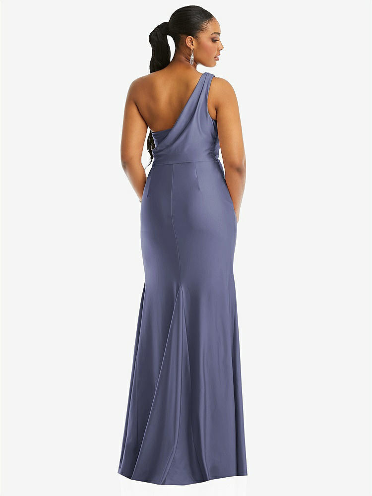 【STYLE: CS104】One-Shoulder Asymmetrical Cowl Back Stretch Satin Mermaid Dress【COLOR: French Blue】