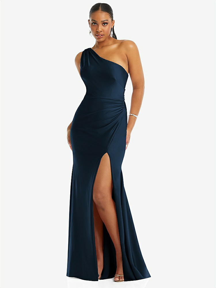 【STYLE: CS104】One-Shoulder Asymmetrical Cowl Back Stretch Satin Mermaid Dress【COLOR: Midnight Navy】