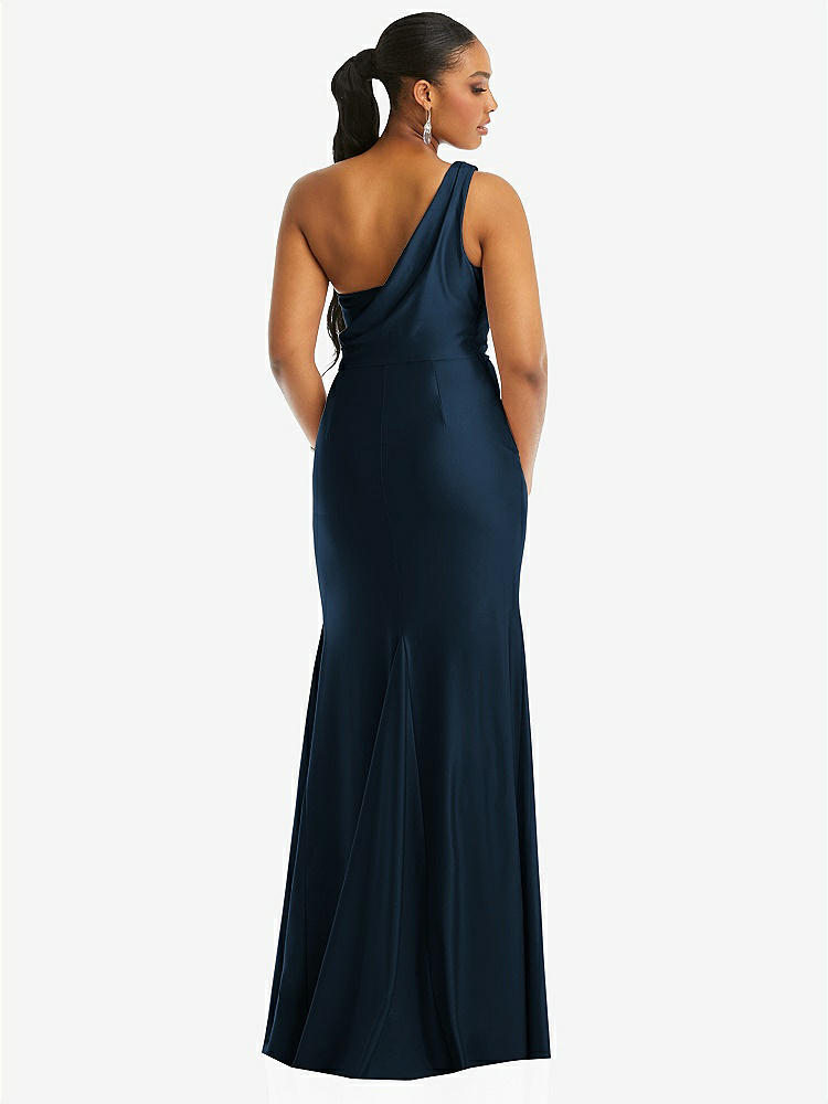 【STYLE: CS104】One-Shoulder Asymmetrical Cowl Back Stretch Satin Mermaid Dress【COLOR: Midnight Navy】