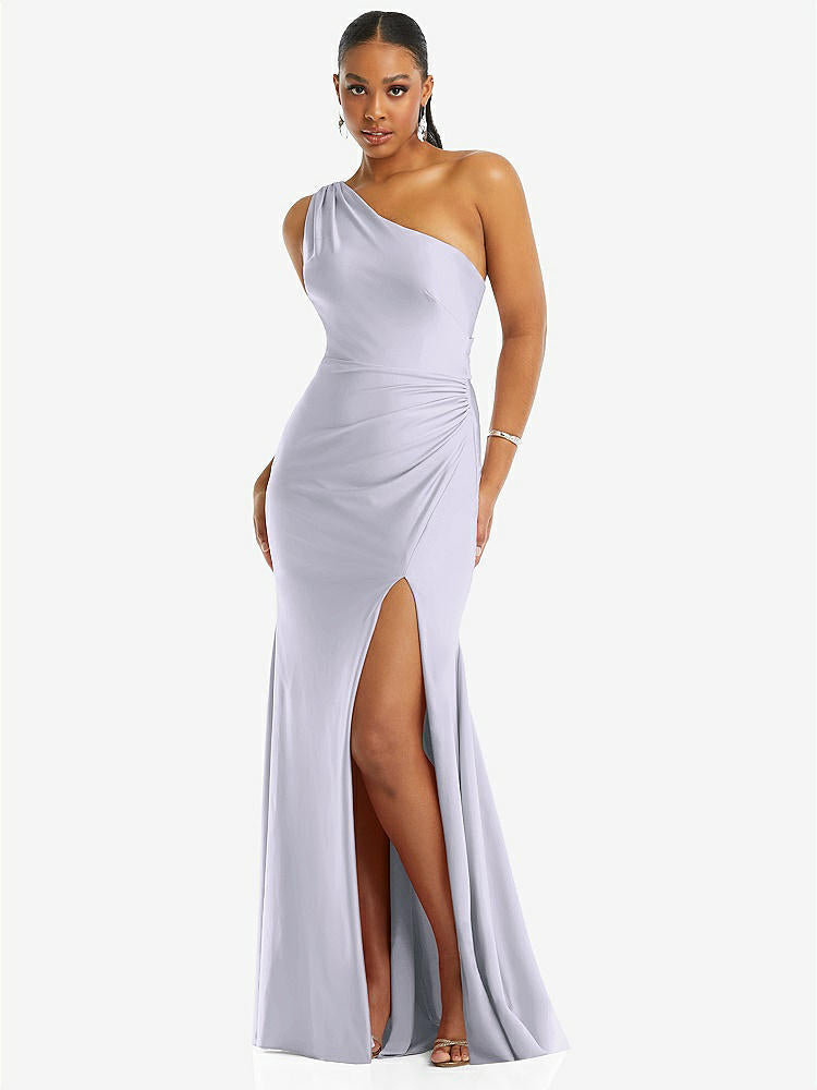【NEW】【STYLE: CS104】ワンショルダー 非対称 カウル 背面 ストレッチ サテン 人魚 ドレス【COLOR: Silver Dove】【SIZE: 00-30W】