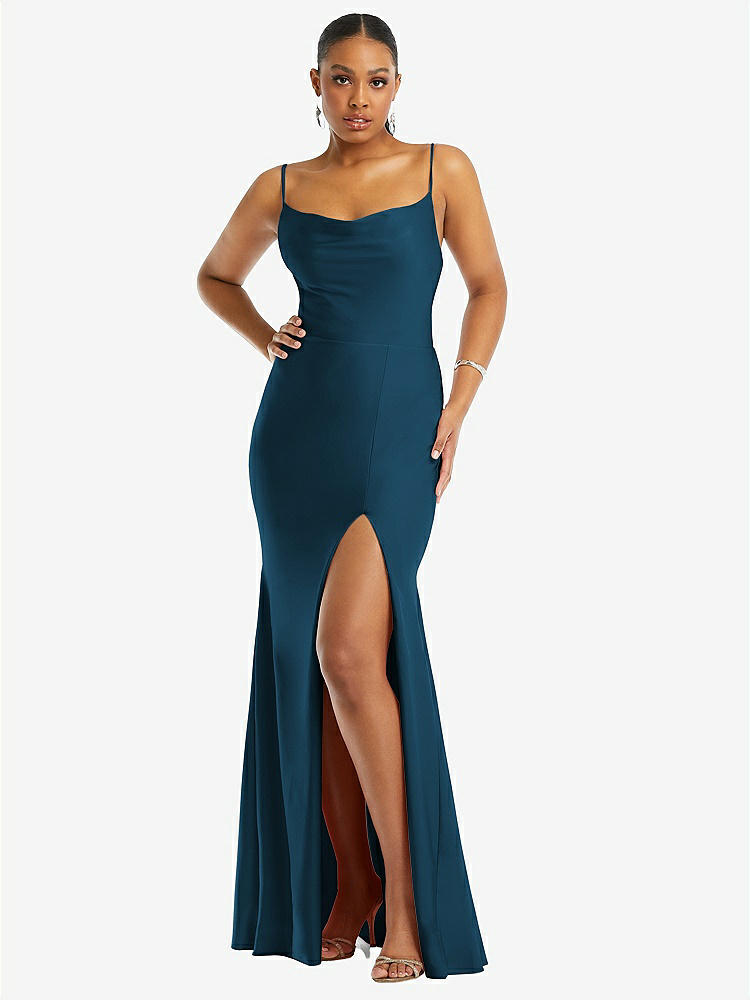 【STYLE: CS105】Cowl-Neck Open Tie-Back Stretch Satin Mermaid Dress with Slight Train【COLOR: Atlantic Blue】