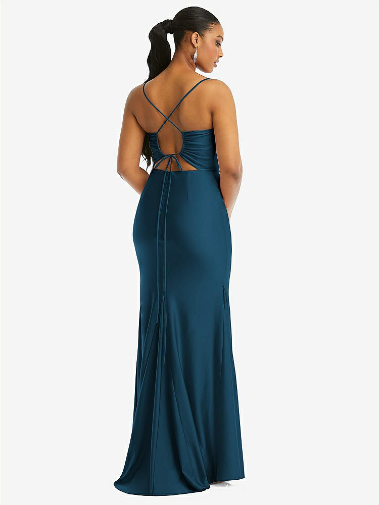 【STYLE: CS105】Cowl-Neck Open Tie-Back Stretch Satin Mermaid Dress with Slight Train【COLOR: Atlantic Blue】