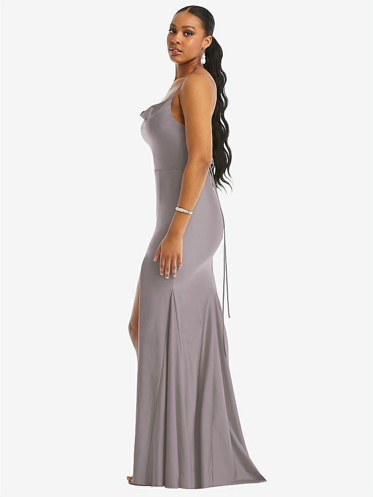 【STYLE: CS105】Cowl-Neck Open Tie-Back Stretch Satin Mermaid Dress with Slight Train【COLOR: Cashmere Gray】