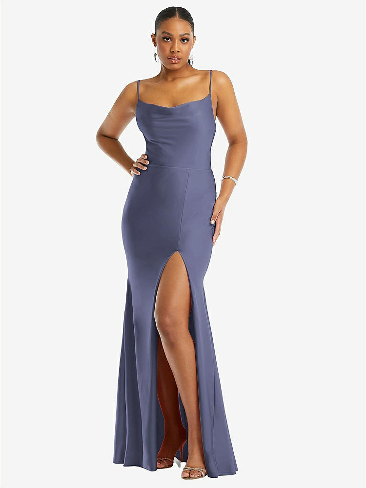 【STYLE: CS105】Cowl-Neck Open Tie-Back Stretch Satin Mermaid Dress with Slight Train【COLOR: French Blue】