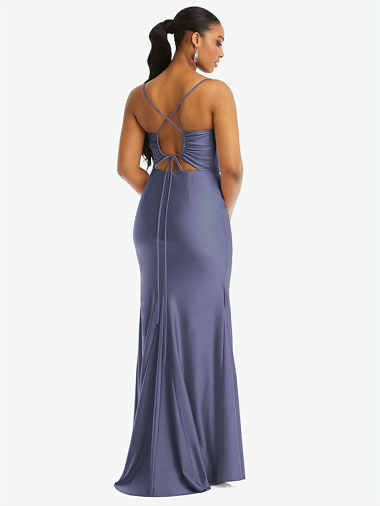 【STYLE: CS105】Cowl-Neck Open Tie-Back Stretch Satin Mermaid Dress with Slight Train【COLOR: French Blue】