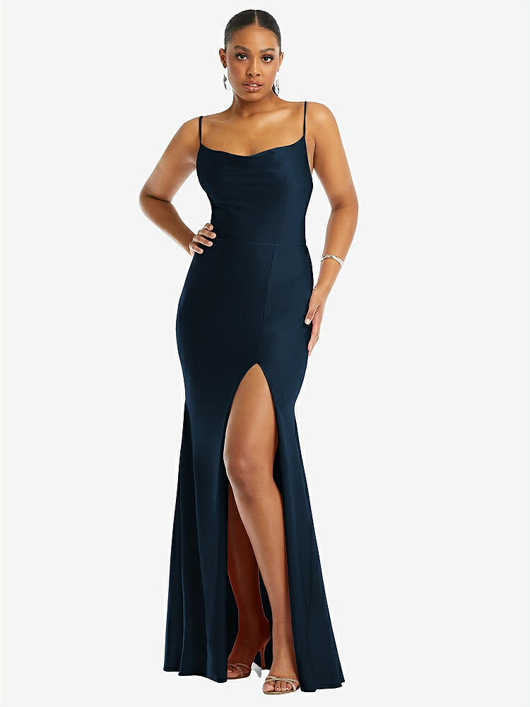 【STYLE: CS105】Cowl-Neck Open Tie-Back Stretch Satin Mermaid Dress with Slight Train【COLOR: Midnight Navy】