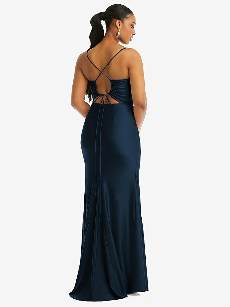 【STYLE: CS105】Cowl-Neck Open Tie-Back Stretch Satin Mermaid Dress with Slight Train【COLOR: Midnight Navy】