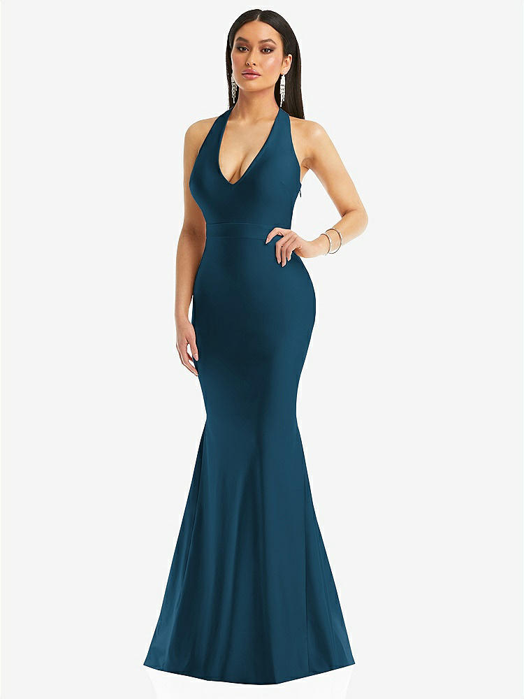 【STYLE: CS106】Plunge Neckline Cutout Low Back Stretch Satin Mermaid Dress【COLOR: Atlantic Blue】