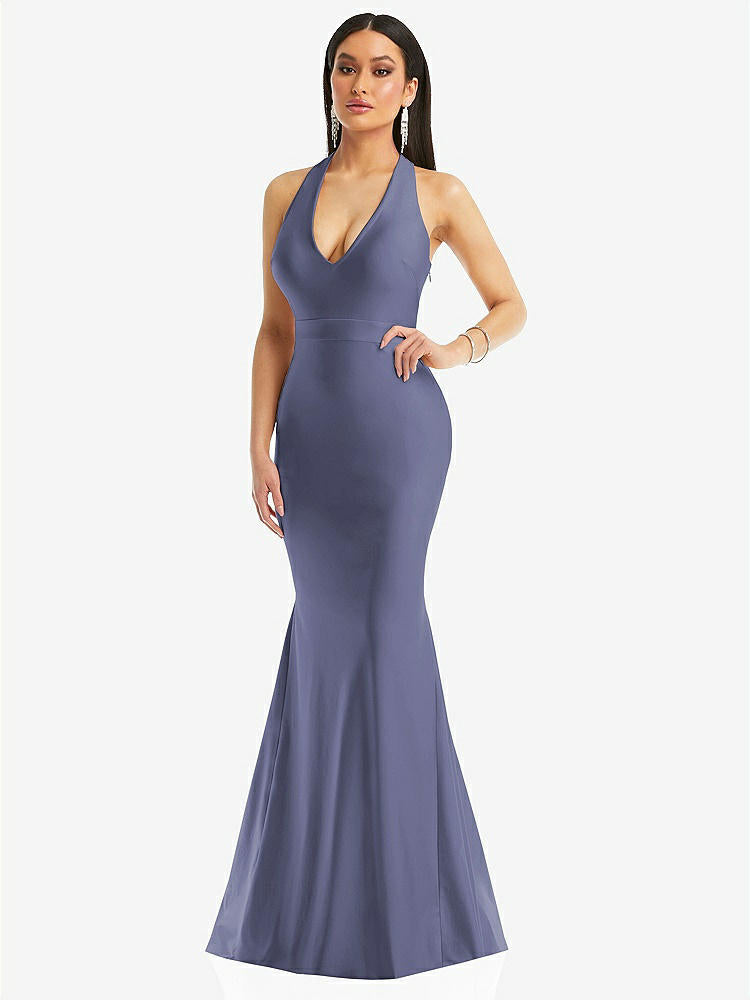 【STYLE: CS106】Plunge Neckline Cutout Low Back Stretch Satin Mermaid Dress【COLOR: French Blue】
