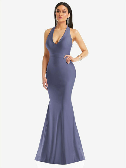 【STYLE: CS106】Plunge Neckline Cutout Low Back Stretch Satin Mermaid Dress【COLOR: French Blue】