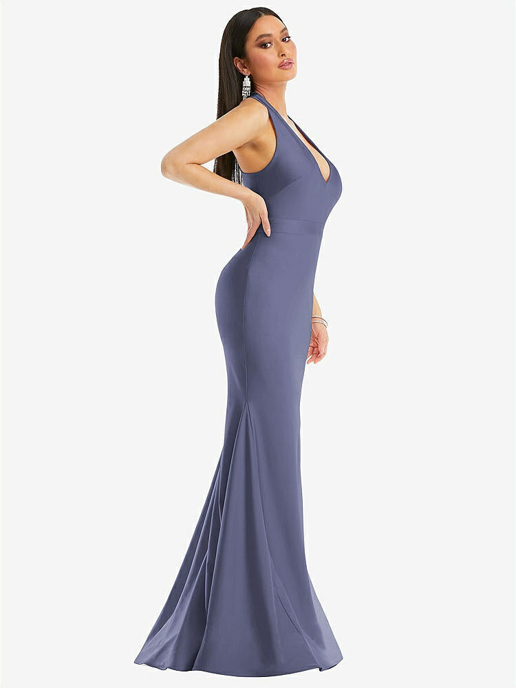 【STYLE: CS106】Plunge Neckline Cutout Low Back Stretch Satin Mermaid Dress【COLOR: French Blue】