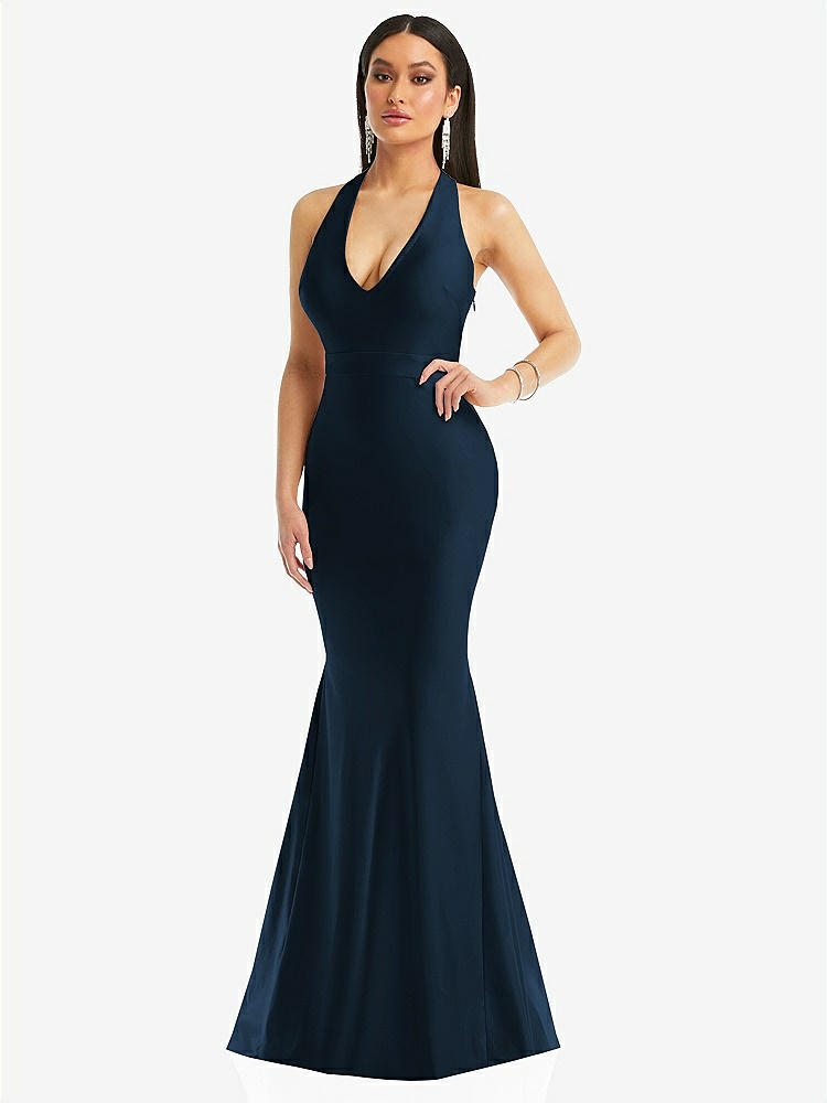 【STYLE: CS106】Plunge Neckline Cutout Low Back Stretch Satin Mermaid Dress【COLOR: Midnight Navy】