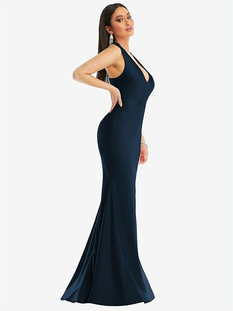 【STYLE: CS106】Plunge Neckline Cutout Low Back Stretch Satin Mermaid Dress【COLOR: Midnight Navy】